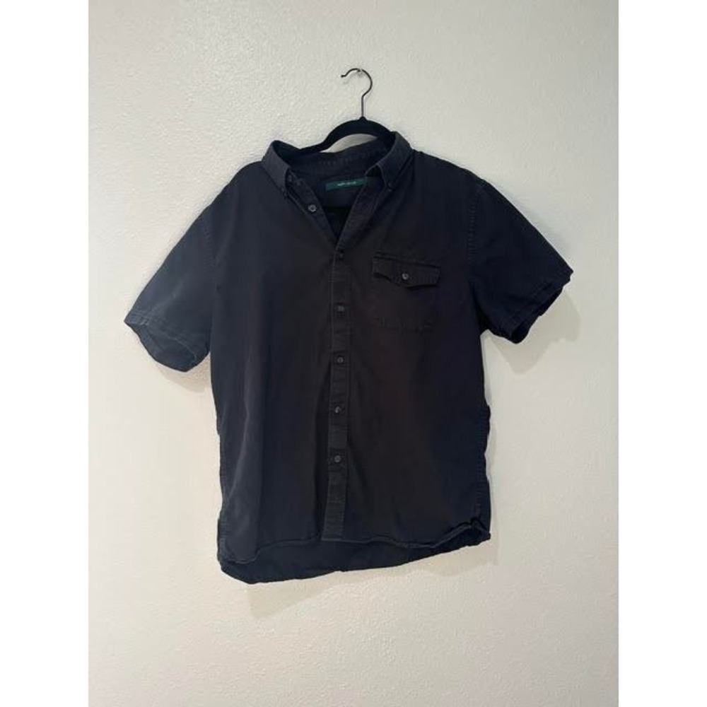 Perry Ellis Mens Large Black Cotton Short Sleeve Button Down Shirt Pocket